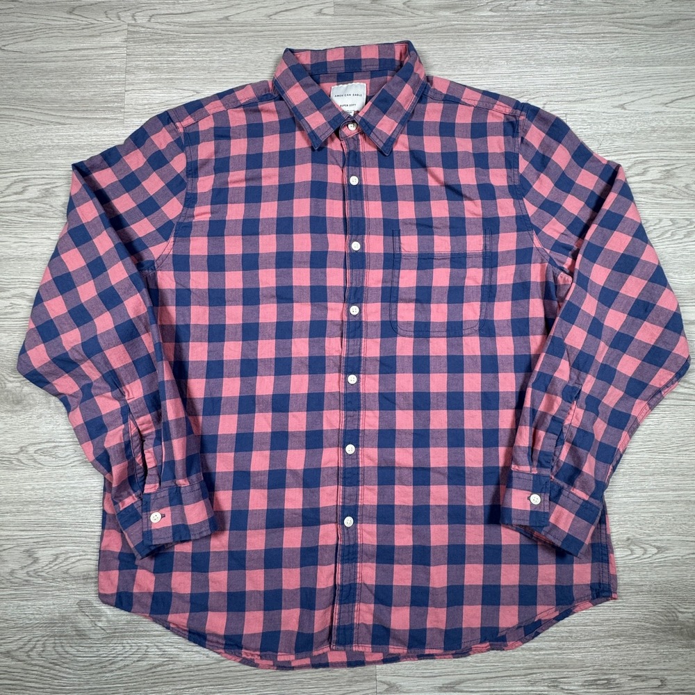 American Eagle Mens Button Down Shirt Super‎ Soft Buffalo Plaid Pink Blue XL